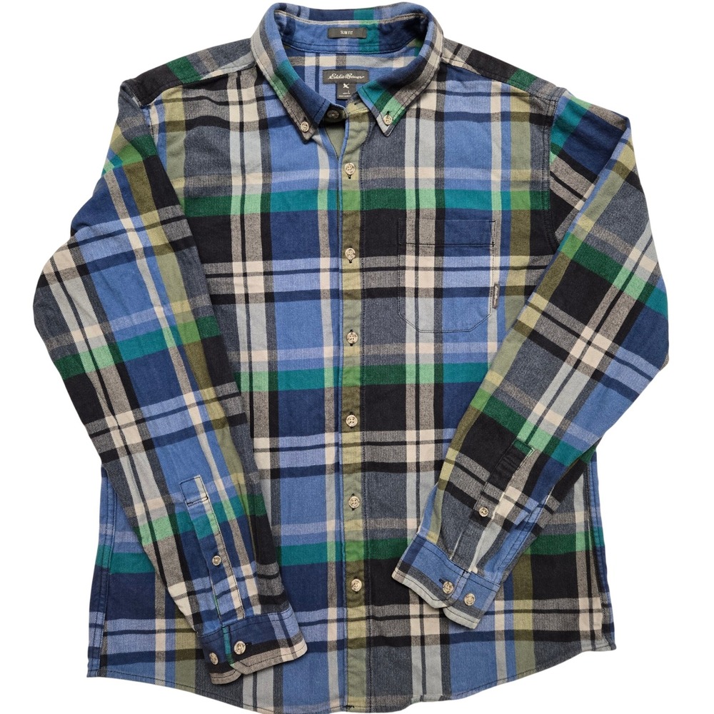 Eddie Bauer Mens Slim Fit Plaid Button Down Flannel Blue Green Herringbone Large